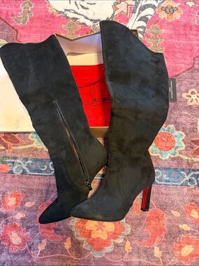 Christian Loub-like Black Suede Over-the-Knee Stiletto Boots with Red Sole